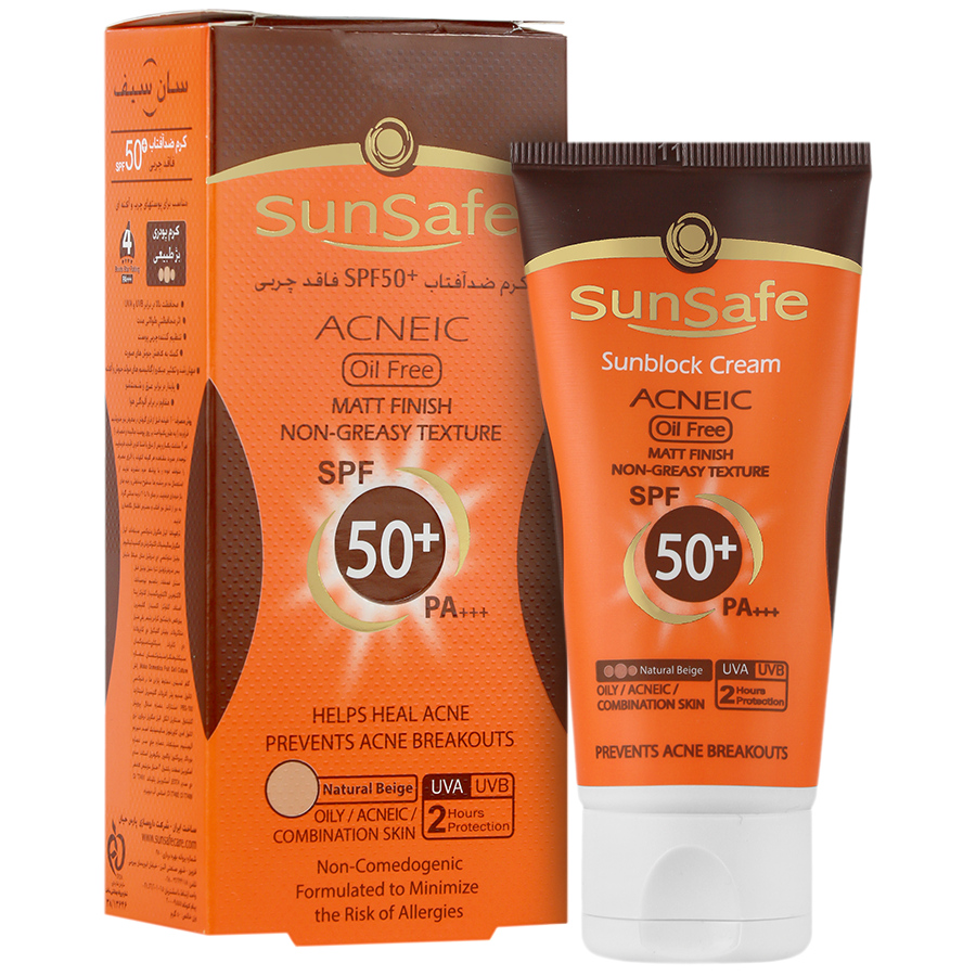 ضد آفتاب سان سیف SPF50 فاقد چربی بژ طبیعی | مناسب پوست چرب و جوش‌دار